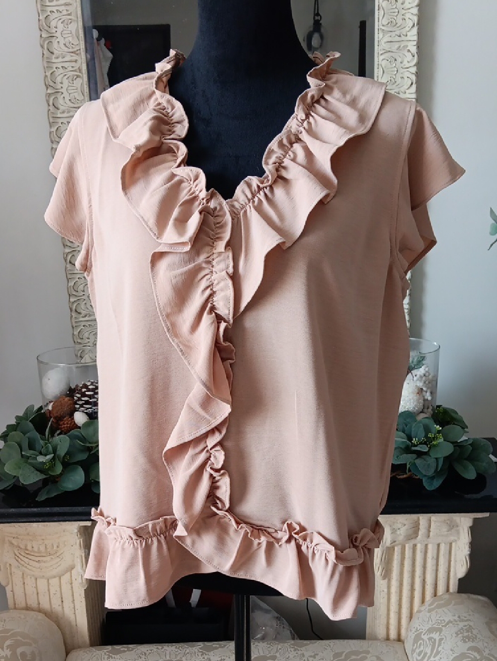 Rafaella Blush Pink Ruffle V-Neck Top